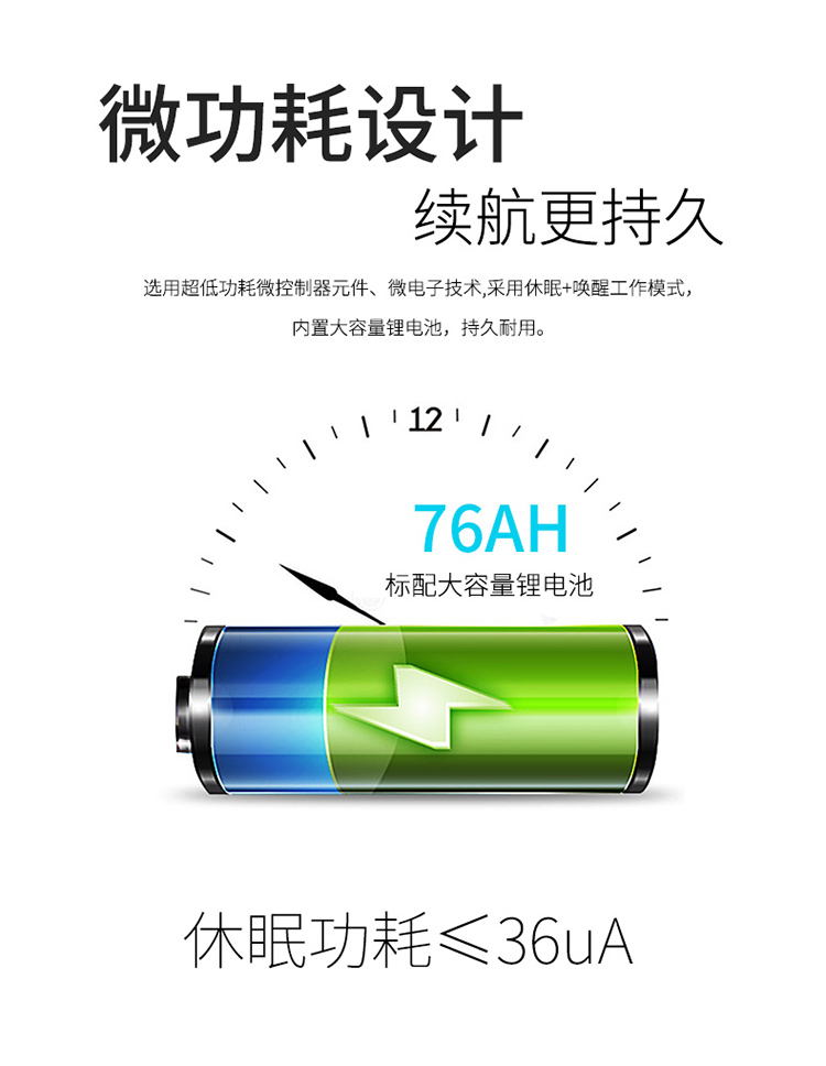采用微功耗設(shè)計(jì)，選用超低功耗微控制器元件、微電子技術(shù),采用休眠+喚醒工作模式；內(nèi)置大容量鋰電池78AH，持久耐用。