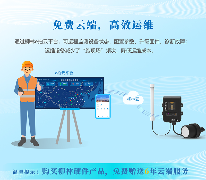 免費云端，高效運維：通過柳林e拍云平臺，可遠程監測設備狀態、配置參數、升級固件、診斷故障；運維設備減少了“跑現場”頻次，降低運維成本。