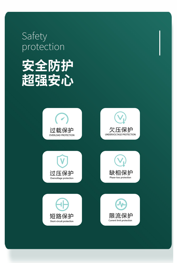 安全防護 超強安心。對過載、欠壓、過壓、缺相、短路、限流等狀況實現智能保護。