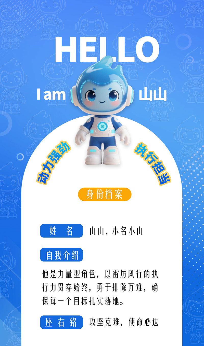 山山——動力強勁 · 執行擔當	 他是力量型角色，以雷厲風行的執行力貫穿始終，勇于排除萬難，確保每一個目標扎實落地。 座右銘：攻堅克難，使命必達