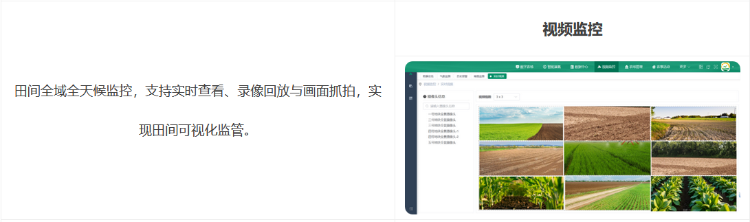 視頻監(jiān)控：田間全域全天候監(jiān)控，支持實(shí)時(shí)查看、錄像回放與畫面抓拍，實(shí)現(xiàn)田間可視化監(jiān)管。